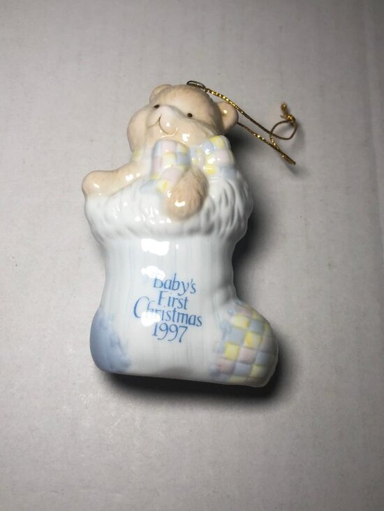 Vintage Babys First Christmas 1997 Avon Ceramic Ornament Teddy Bear Stocking 90s - Picture 1 of 10